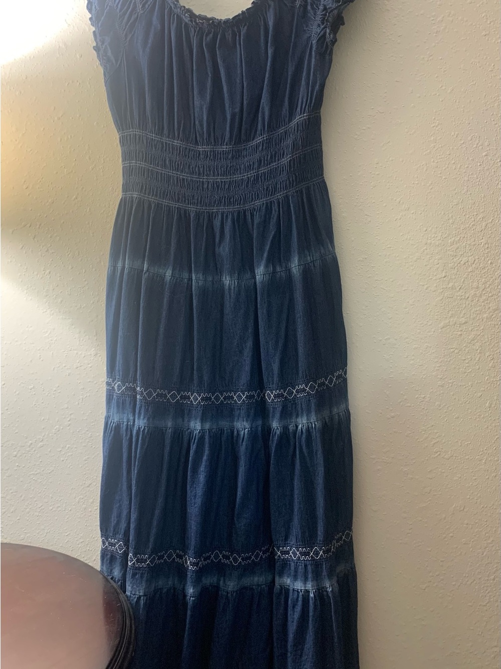 Navy Blue Smocked Maxi Dress with Embroidered Tiers